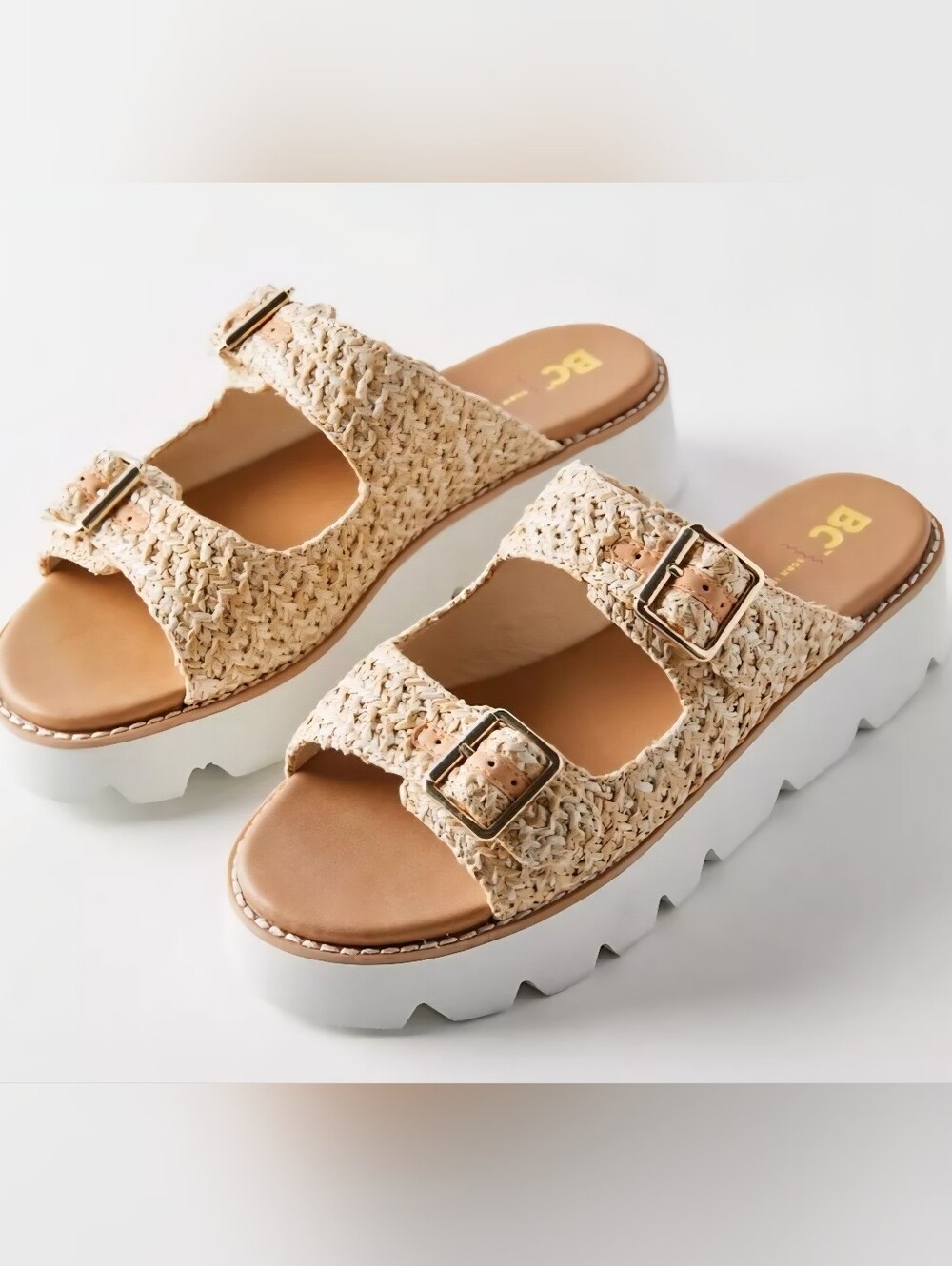 Chunky Woven Slide Mules with Double Buckles - Beige